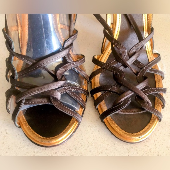 BCBGMaxAzaria $185 Mifle Strappy Open Toe Lace Up Heels Brown/Gold - Sz 8 - Picture 2 of 10
